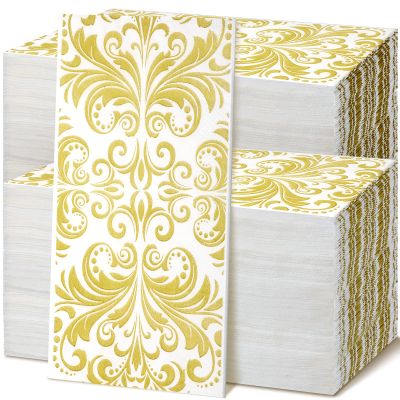 200 Pcs Bathroom Paper Towels for Guests Gold Baroque Guest Napkins 2 Ply Disposable Paper Hand Towels Elegant Napkin for Holiday Wedding Dinner Party