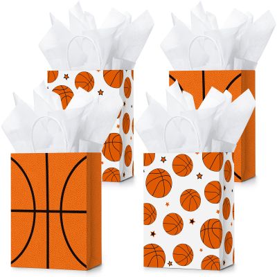 16 Pcs Sports Party Gift Bags with Tissue Paper Baseball Football Soccer Basketball Gift Goodie Favor Bags with Handle for Baseball Theme Party Girls Boys Birthday Decoration (Orange, Basketball)