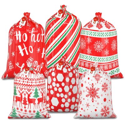 OuMuaMua Large Gift Bags for Christmas Presents - 6 Pack Large Christmas Plastic Gift Bags Red with Gift Tags Drawstring for Xmas Holiday Gift Giving, Jumbo Presents Wrapper