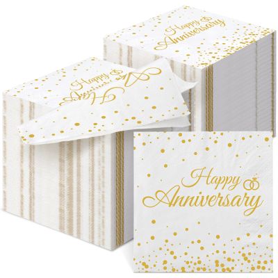 Spiareal 120 Pcs Wedding Anniversary Gold Paper Cocktail Napkins 2 Ply Disposable Beverage Dessert Napkins for Wedding Bridal Party(Happy Anniversary)