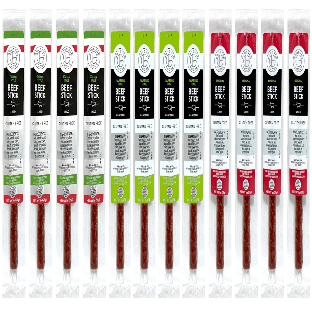 Good Fod Foods Meat Stick Variety Pack Low FODMAP Snacks for a Healthy Gut, Zero Sugar Jerky Sticks, Keto Friendly, Gluten-Free Beef Sticks 1 Ounce (12 Pack)