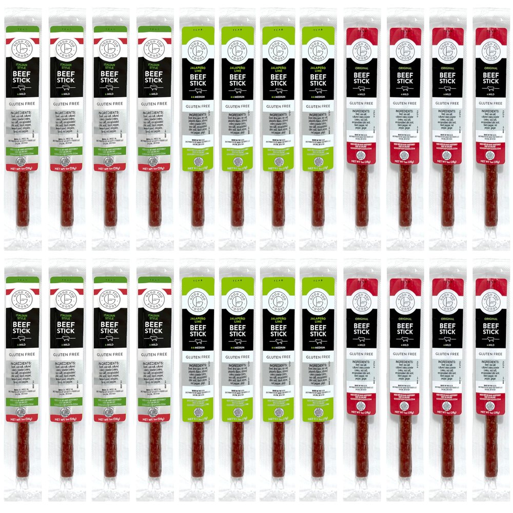 Good Fod Foods Meat Stick Variety Pack Low FODMAP Snacks for a Healthy Gut, Zero Sugar Jerky Sticks, Keto Friendly, Gluten-Free Beef Sticks 1 Ounce (24 Pack)