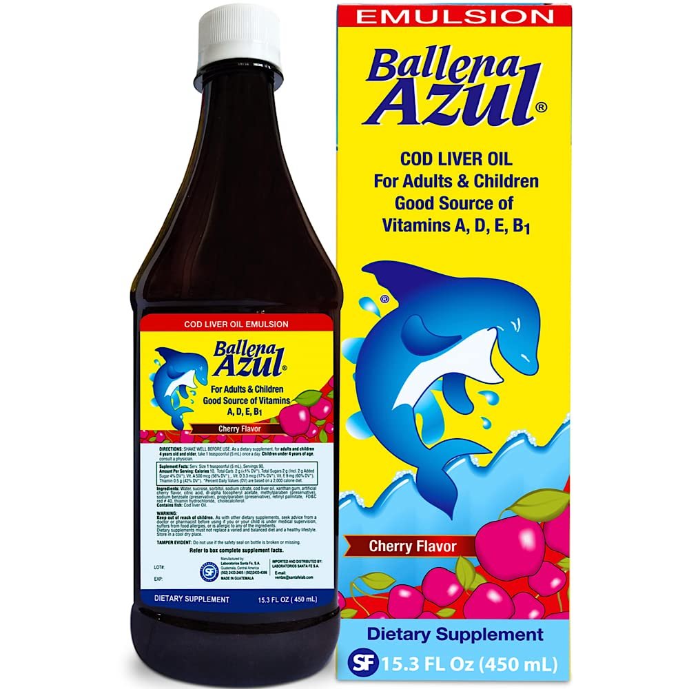 Ballena Azul Aceite de Hgado de Bacalao para Adultos y Nios, COD Liver Oil for Adults and Children,Vitamins A,D,E, B1, Dietary Supplement, Omega 3, Inmune System Boost, Cherry (Cherry 15 OZ)