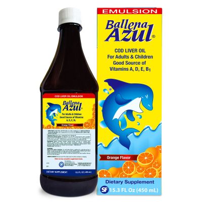 Ballena Azul Aceite de Hgado de Bacalao para Adultos y Nios, COD Liver Oil for Adults and Children, Good Source of Vitamins A,D,E, B1, Dietary Supplement, Omega 3, Inmune System Boost (ORANGE 15 OZ)