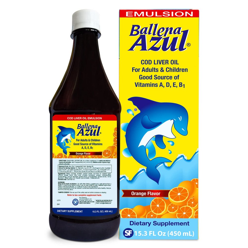 Ballena Azul Aceite de Hgado de Bacalao para Adultos y Nios, COD Liver Oil for Adults and Children, Good Source of Vitamins A,D,E, B1, Dietary Supplement, Omega 3, Inmune System Boost (ORANGE 15 OZ)