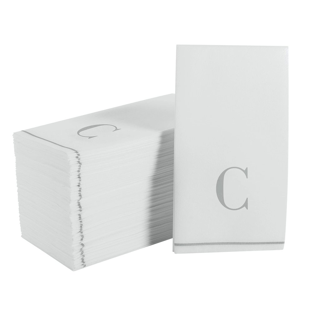 Luxe Party 112 Pack Monogram Napkins | Letter C Initial | Disposable | Premium Airlaid | Linen Feel | Decorative Table Setting | Guest Towel Napkin | White and Silver