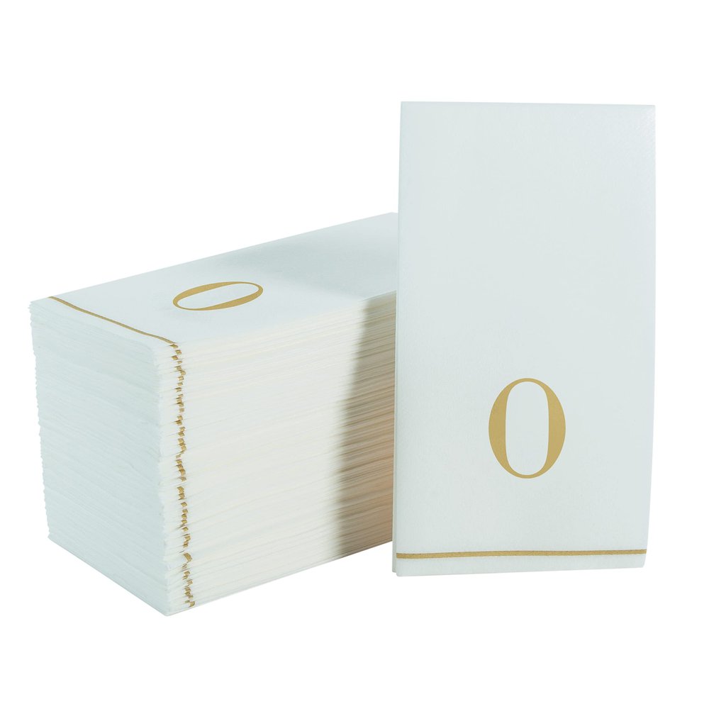 Luxe Party 112 Pack Monogram Napkins | Letter O Initial | Disposable | Premium Airlaid | Linen Feel | Decorative Table Setting | Guest Towel Napkin | White and Gold