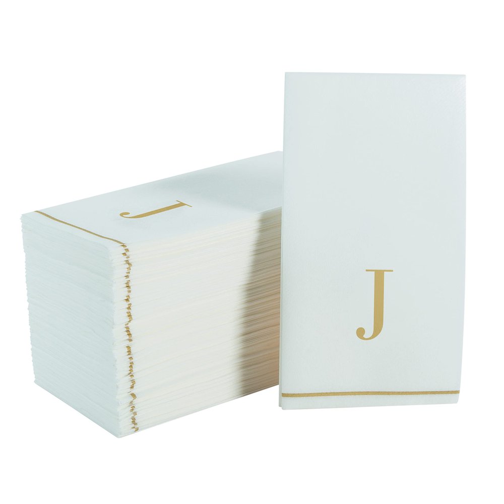 Luxe Party 112 Pack Monogram Napkins | Letter J Initial | Disposable | Premium Airlaid | Linen Feel | Decorative Table Setting | Guest Towel Napkin | White and Gold