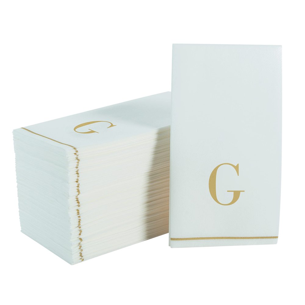Luxe Party 112 Pack Monogram Napkins | Letter G Initial | Disposable | Premium Airlaid | Linen Feel | Decorative Table Setting | Guest Towel Napkin | White and Gold