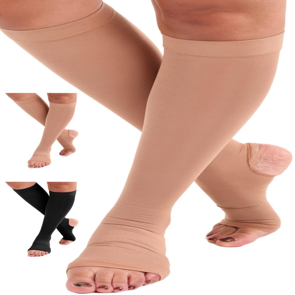 ABSOLUTE SUPPORT Wide Calves Graduated Support Compression Socks with Open Toe for Women and Men 20-30mmHg | For Airplane, Running, Athletic - Beige, 7X-Large- A911BE