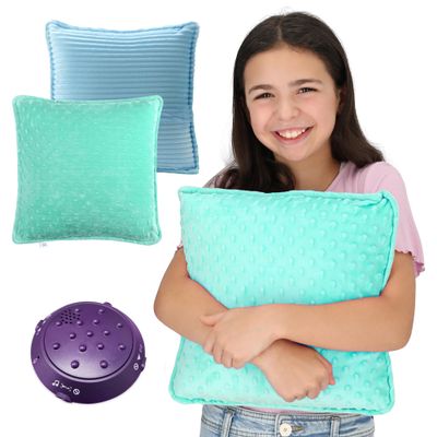 Special Supplies Vibrating Pillow Sensory Pressure Activated for Kids and Adults, 12 Plush Minky Soft Cover-Textured Therapy Stimulation Bumps, 3 Vibration Modes, Music & Voice Recording- Blue/Green