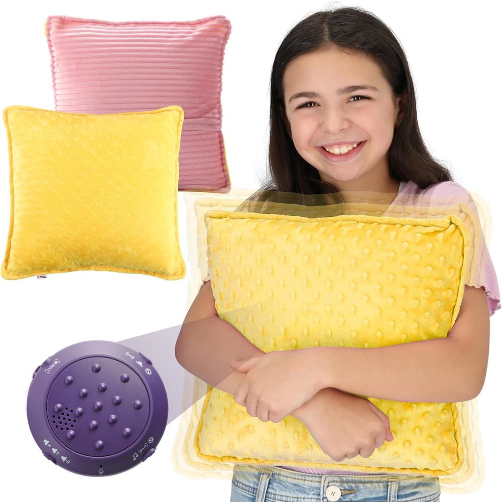 Special Supplies Vibrating Pillow Sensory Pressure Activated for Kids and Adults, 12 Plush Cover -Textured Therapy Stimulation Bumps- 3 Vibration Modes, Music & Voice Recording- Pink/Yellow