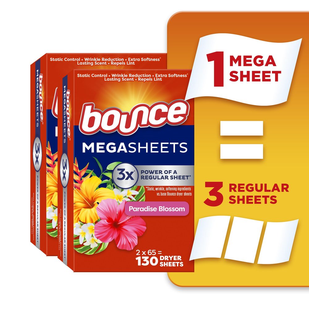 Bounce Mega Dryer Sheets, Paradise Blossom, 130 Count, Mega Fabric Softener Sheets with Static Control, Wrinkle Reduction, Extra Softness, Lasting Scent, Repels Lint