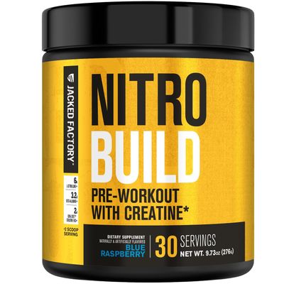 Jacked Factory Nitrosurge Build Pre Workout with Creatine for Muscle Building - Con Cret Creatine Powder & elevATP for Intense Energy, Powerful Pump, & Endless Endurance - 30 Servings, Blue Raspberry