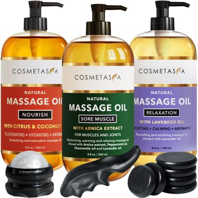 Cosmetasa Massage Oil Spa Gift Set for Women Relaxing Lavender, Warming Arnica & Nourishing Citrus & Coconut Oils Includes Roller Ball, Thumb Saver & Hot Stones Self Care Kit & Body Massage Oils