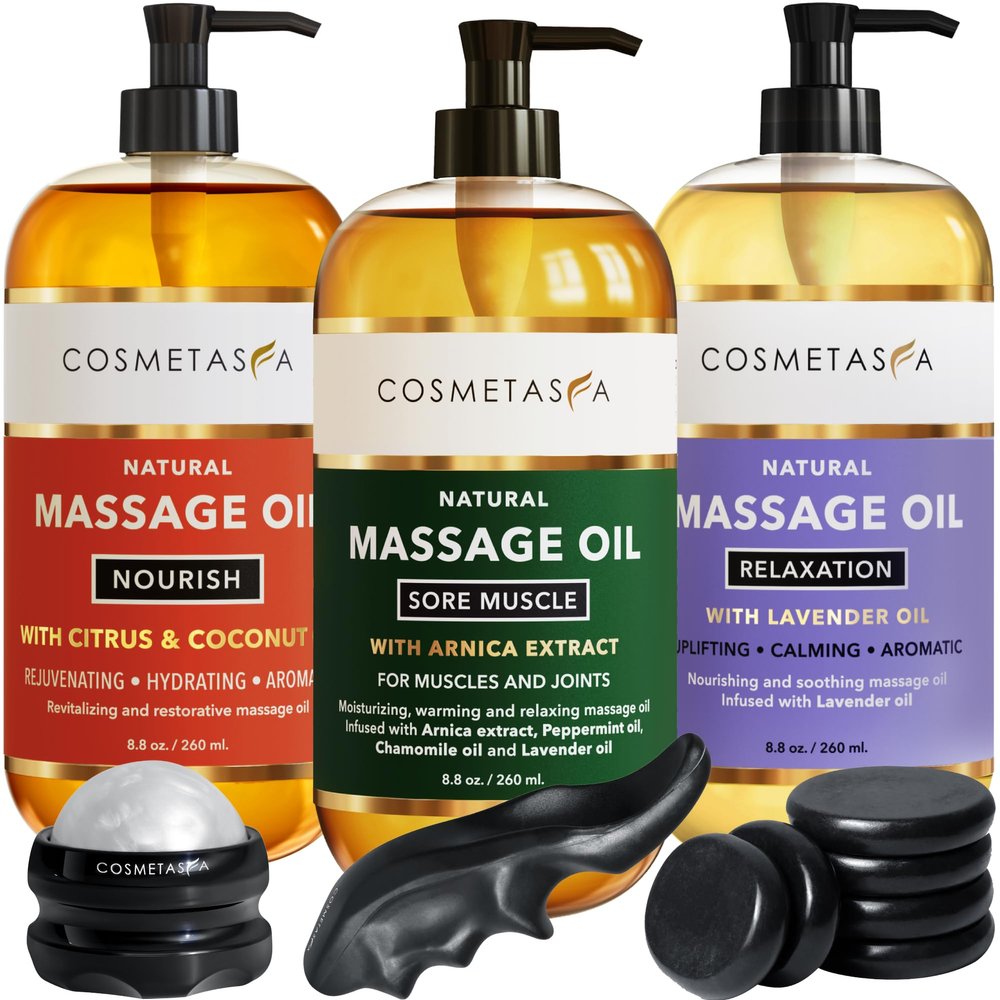 Cosmetasa Massage Oil Spa Gift Set for Women Relaxing Lavender, Warming Arnica & Nourishing Citrus & Coconut Oils Includes Roller Ball, Thumb Saver & Hot Stones Self Care Kit & Body Massage Oils