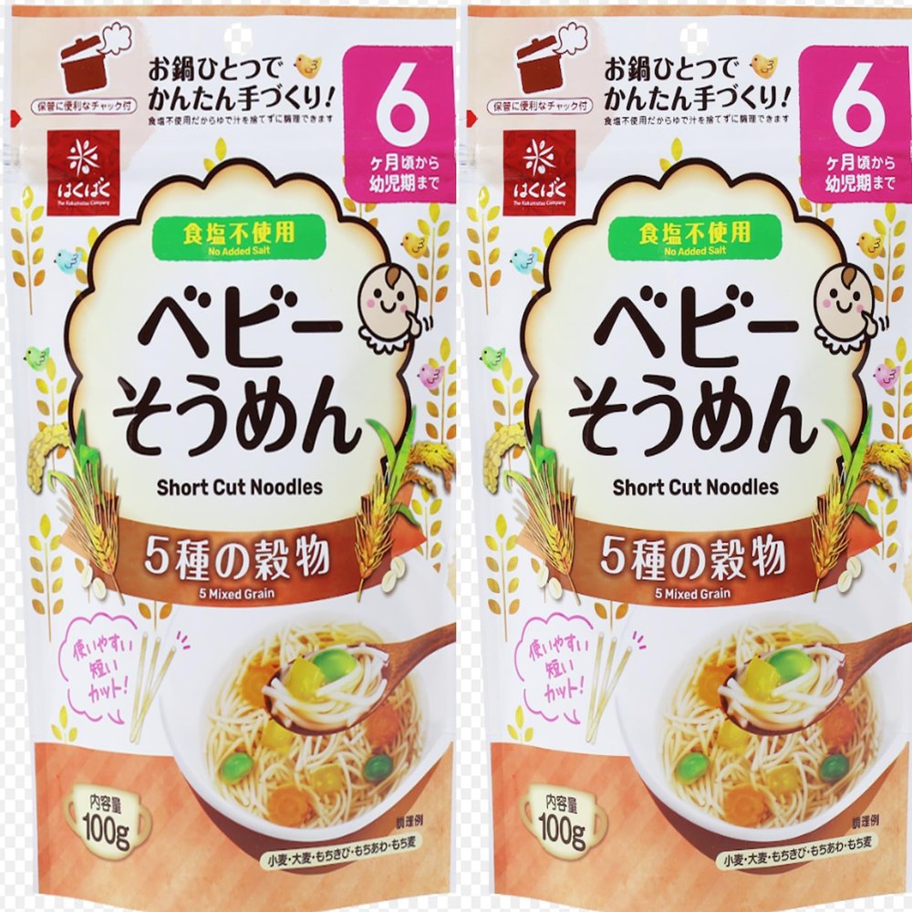 HAKUBAKU Baby Somen Noodles with 5 Grains 100g x 2 bags. Made in Japan Convenient resealable zippered, self-standing pouch Microwavable, Convenient One pan cooking