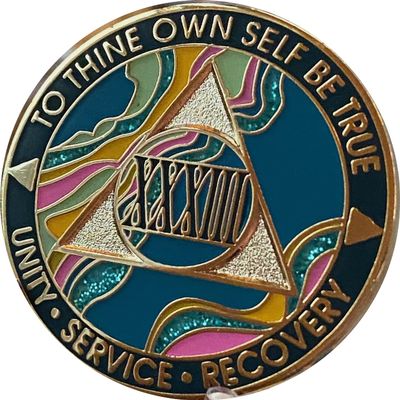 33 Year AA Medallion Elegant Marble Tahiti Teal Blue and Pink Gold Plated Chip