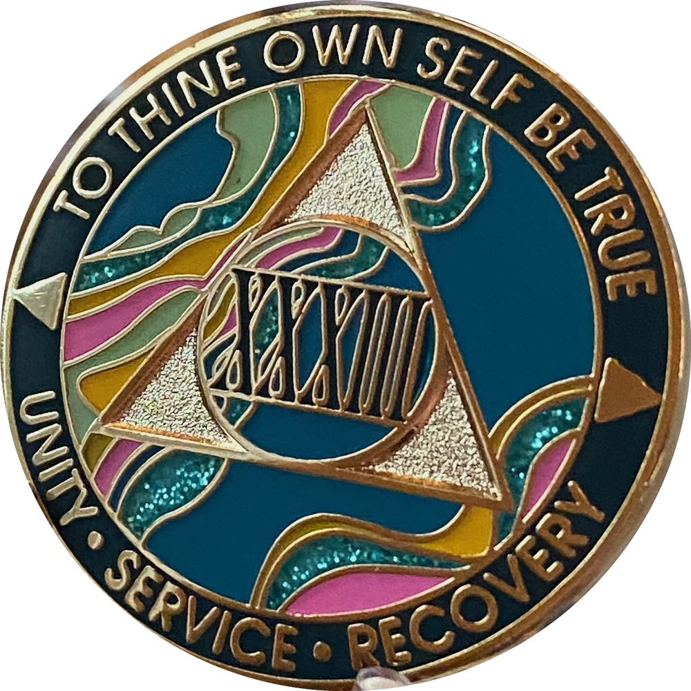 33 Year AA Medallion Elegant Marble Tahiti Teal Blue and Pink Gold Plated Chip
