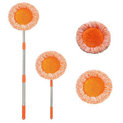 360 Rotatable Adjustable Cleaning Mop,Extendable Mops for Floor Cleaning,Orange Wall Cleaning Mop with Coral Velvet and Chenille Cloth Two Mop Head(27IN - 45IN) (A)