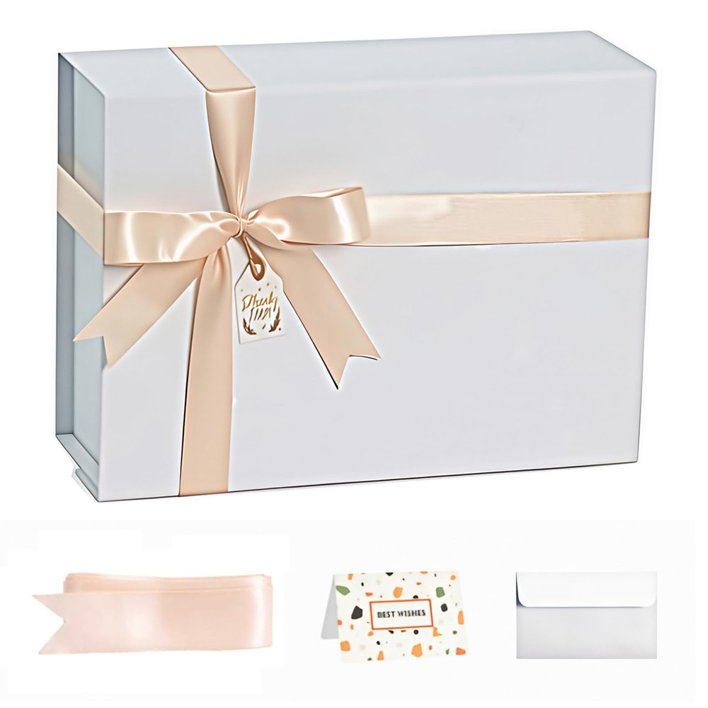 CHARMGIFTBOX White Gift Boxes with Lids, 9x7x4 Inches Gift Box with Ribbon, Collapsible Gift Boxes with Magnetic Closure for Presents, Bridesmaid Proposal Box Contains Gift Card Ribbon Tag