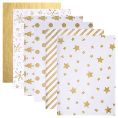 Blisstime 102 Sheets Gold Tissue Paper Gift Wrap Bulk, 19.5" x 13.6" Christmas Tissue Paper for Wrapping, 6 Assorted Designs Golden Stars Snow Dots for Christmas Gift Bags, DIY and Craft