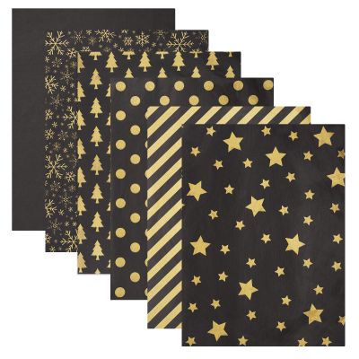 Blisstime 102 Sheets Tissue Paper Gift Wrap Bulk, 19.5" x 13.6" Christmas Tissue Paper for Wrapping, 6 Assorted Designs Golden Stars Snow Dots for Christmas Gift Bags, DIY and Craft (BlackGold)