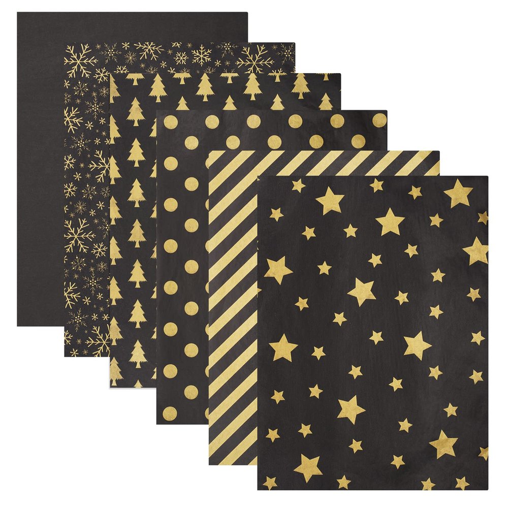 Blisstime 102 Sheets Tissue Paper Gift Wrap Bulk, 19.5" x 13.6" Christmas Tissue Paper for Wrapping, 6 Assorted Designs Golden Stars Snow Dots for Christmas Gift Bags, DIY and Craft (BlackGold)