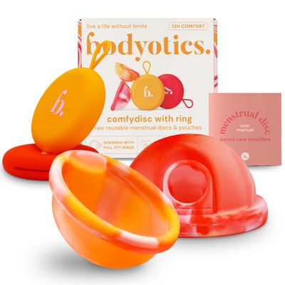 Bodyotics Menstrual Disc Reusable, 2-Pack Size S & L - Softer Than Menstrual Cups and Can Be Used Intimate Moments - Comfort-Fit Period Disc Set with 12 Hr Wear - 100% Medical Grade Silicone