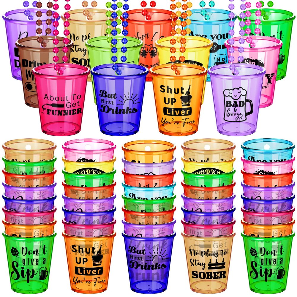Janmercy 39 Pieces Shot Glass on Beaded Necklace Plastic Shot Glass Necklaces Beads Necklace Cups Naughty Favors for Adults and Teens Party Supplies, 13 Assorted Styles