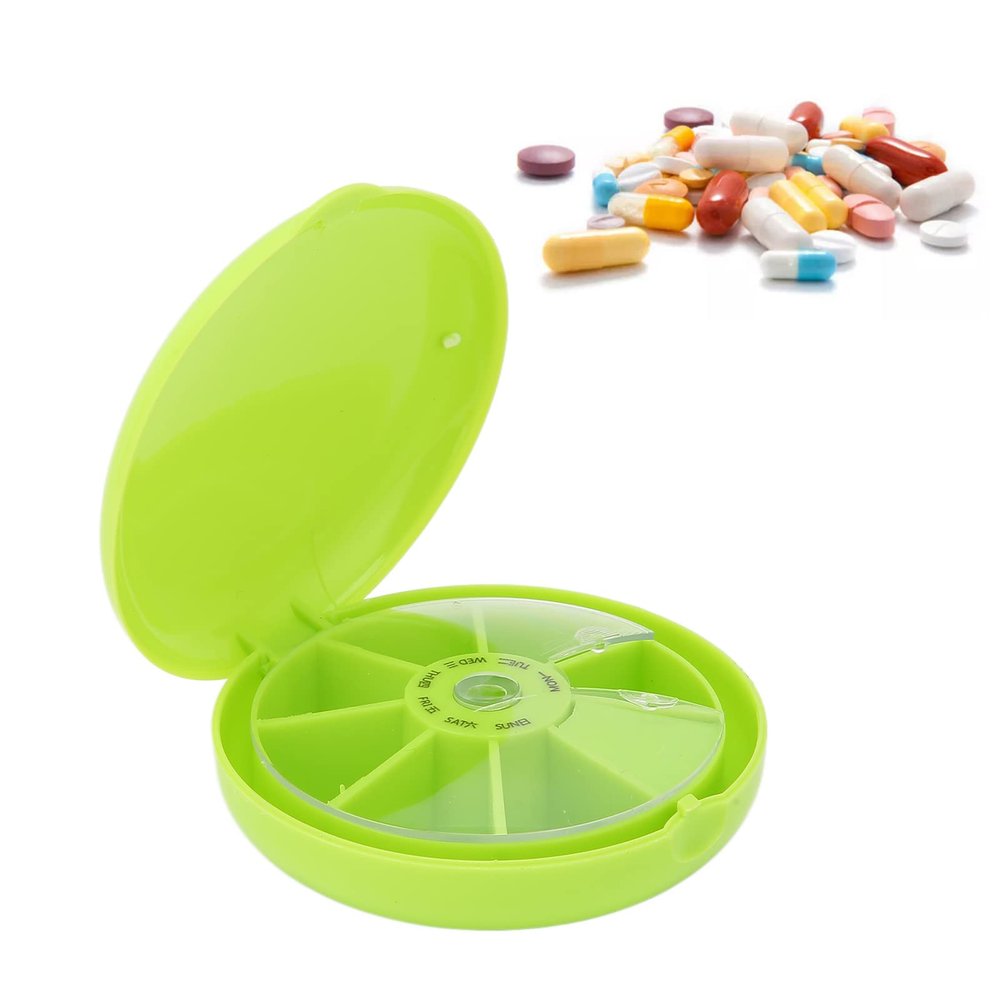 7 Day Pills Container, Seven Grids Pills Box Organizers Round 7 Compartments Travel Box for Home Travel Pills Case Medication Aids Tool Daily Week Reminder Case(Green)