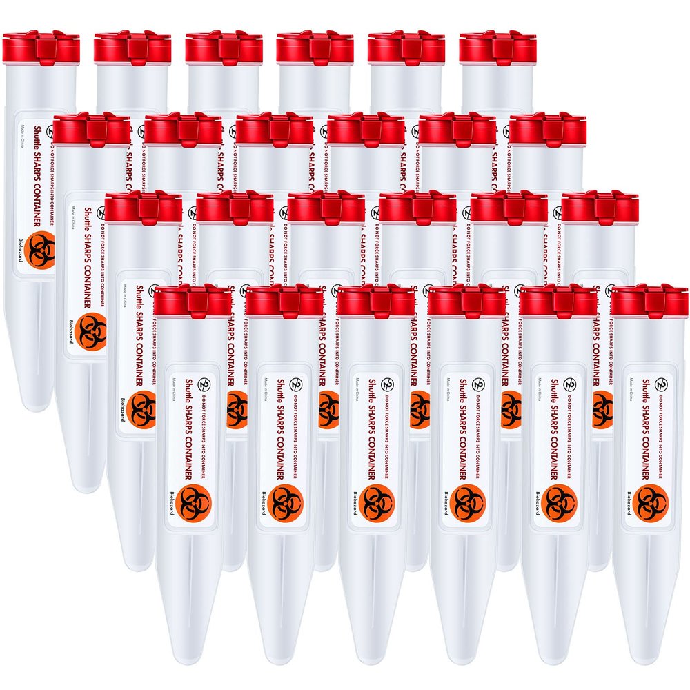 Fabbay 24 Pcs Travel Sharps Container Disposal Transportable Sharps with Locking Mechanism Needle Disposal Containers Small Single Use Transportable Container, 6.5 x 1.38 Inches