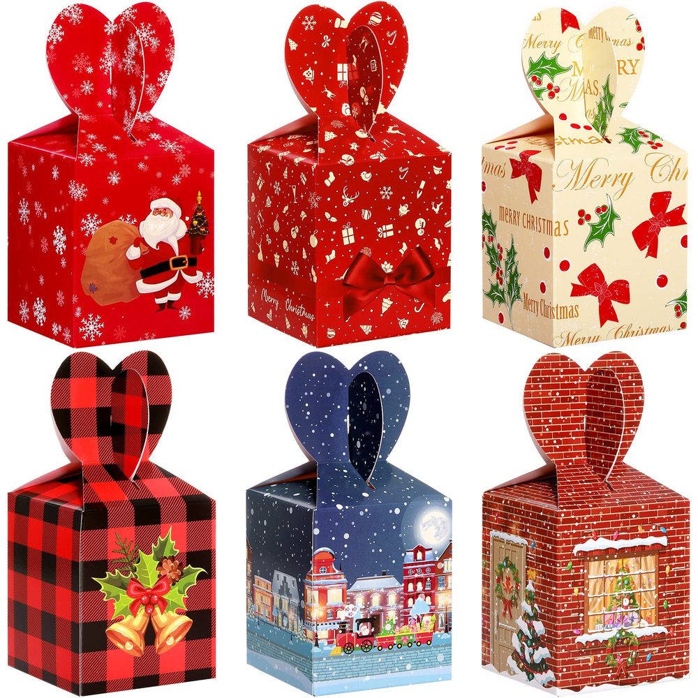 TaoBary 24 Pack Christmas Gift Boxes 3D Christmas Goody Treat Boxes Xmas Cardboard Cookie Packaging Box House Santa Snowman Gable Box for Xmas Party Favor and Gift Wrapping