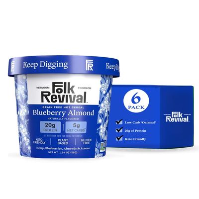 Folk Revival Blueberry Almond Keto Instant 'Oatmeal' - 20g Protein, 5g Net Carbs, High Fiber, Non GMO, Gluten Free, Made with Acorns - 6 Cups Per Case
