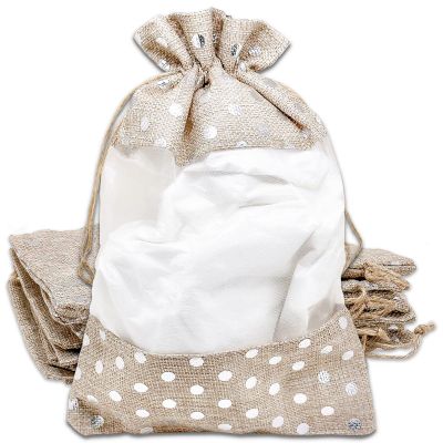 12-Pack X-Large Linen Burlap & Organza Gift Bags w. Drawstrings (7.5x11.5 in, Beige/Silver Polka) - Party Favors, Presents, Samples & Treats Mesh Pouch by The Display Guys
