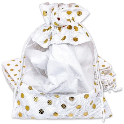 12-Pack Large Linen Burlap & Organza Gift Bags w. Drawstrings (6.5x8.5 in, White/Gold Polka) - Party Favors, Presents, Samples & Treats Mesh Pouch by The Display Guys