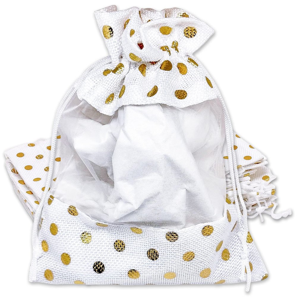 12-Pack Large Linen Burlap & Organza Gift Bags w. Drawstrings (6.5x8.5 in, White/Gold Polka) - Party Favors, Presents, Samples & Treats Mesh Pouch by The Display Guys