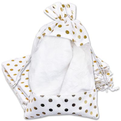 12-Pack X-Large Linen Burlap & Organza Gift Bags w. Drawstrings (7.5x11.5 in, White / Gold Polka) - Party Favors, Presents, Samples & Treats Mesh Pouch by The Display Guys