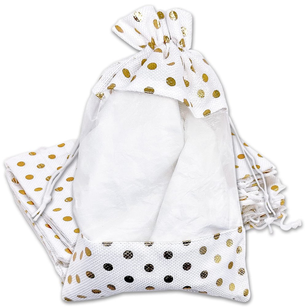 12-Pack X-Large Linen Burlap & Organza Gift Bags w. Drawstrings (7.5x11.5 in, White / Gold Polka) - Party Favors, Presents, Samples & Treats Mesh Pouch by The Display Guys