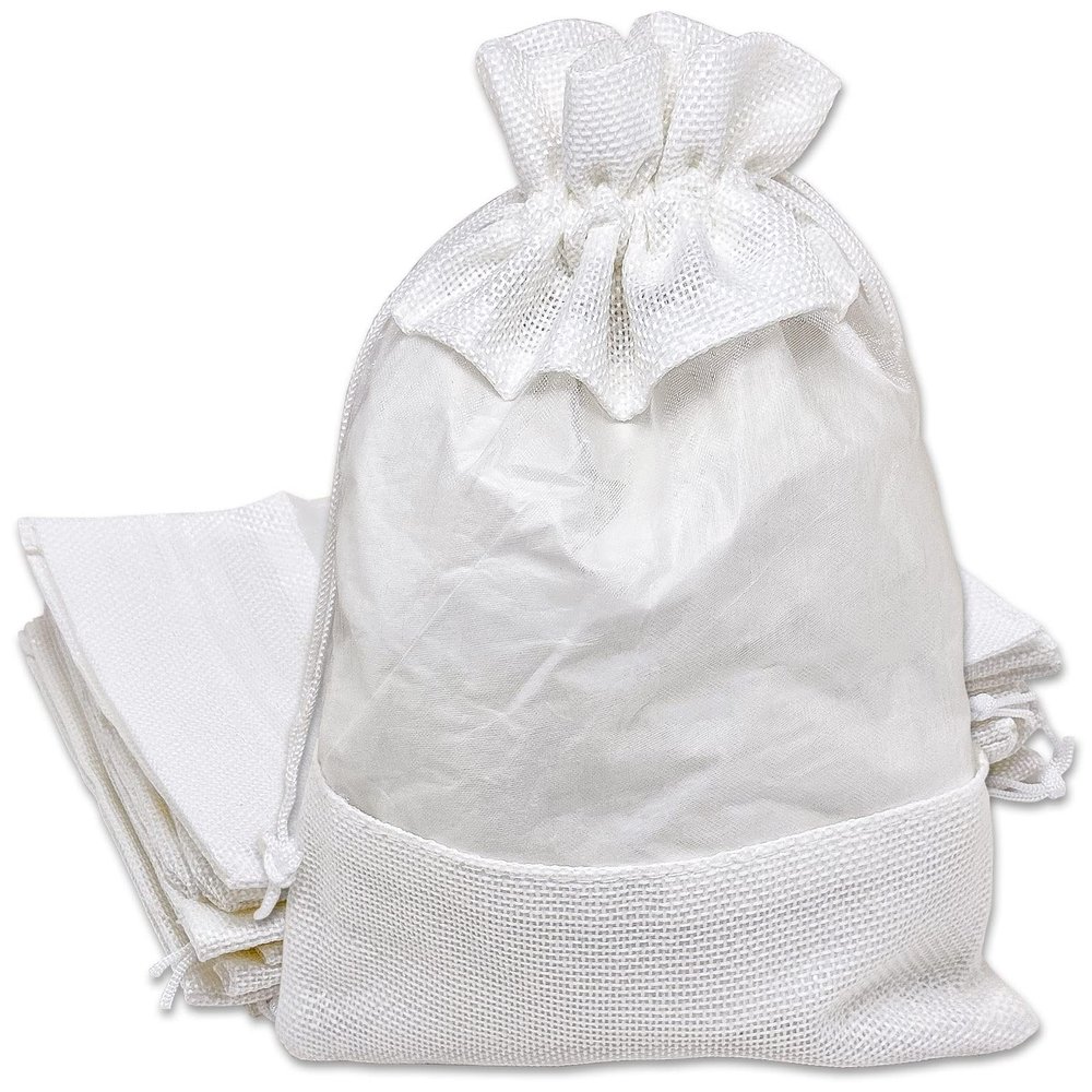 12-Pack Large Linen Burlap & Organza Gift Bags w. Drawstrings (6.5x8.5 in, White) - Party Favors, Presents, Samples & Treats Mesh Pouch by The Display Guys