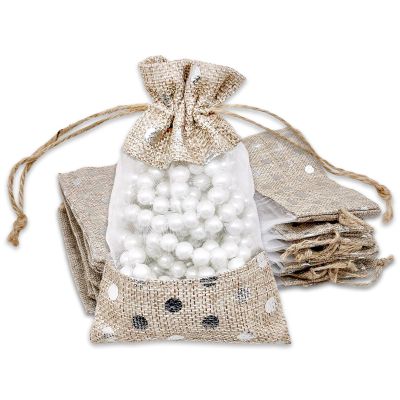 12-Pack Small Linen Burlap & Organza Gift Bags w. Drawstrings (3.5x5.5 in, Beige/Silver Polka) - Party Favors, Presents, Samples & Treats Mesh Pouch by The Display Guys