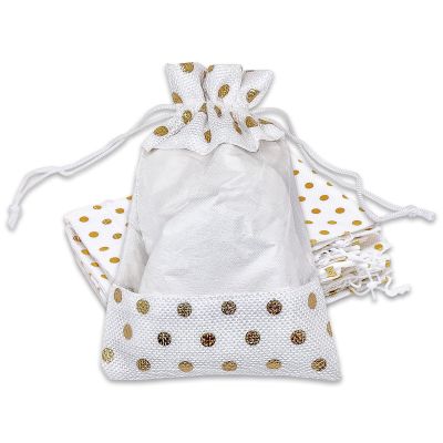12-Pack Medium Linen Burlap & Organza Gift Bags w. Drawstrings (5x7 in, White / Gold Polka) - Party Favors, Presents, Samples & Treats Mesh Pouch by The Display Guys