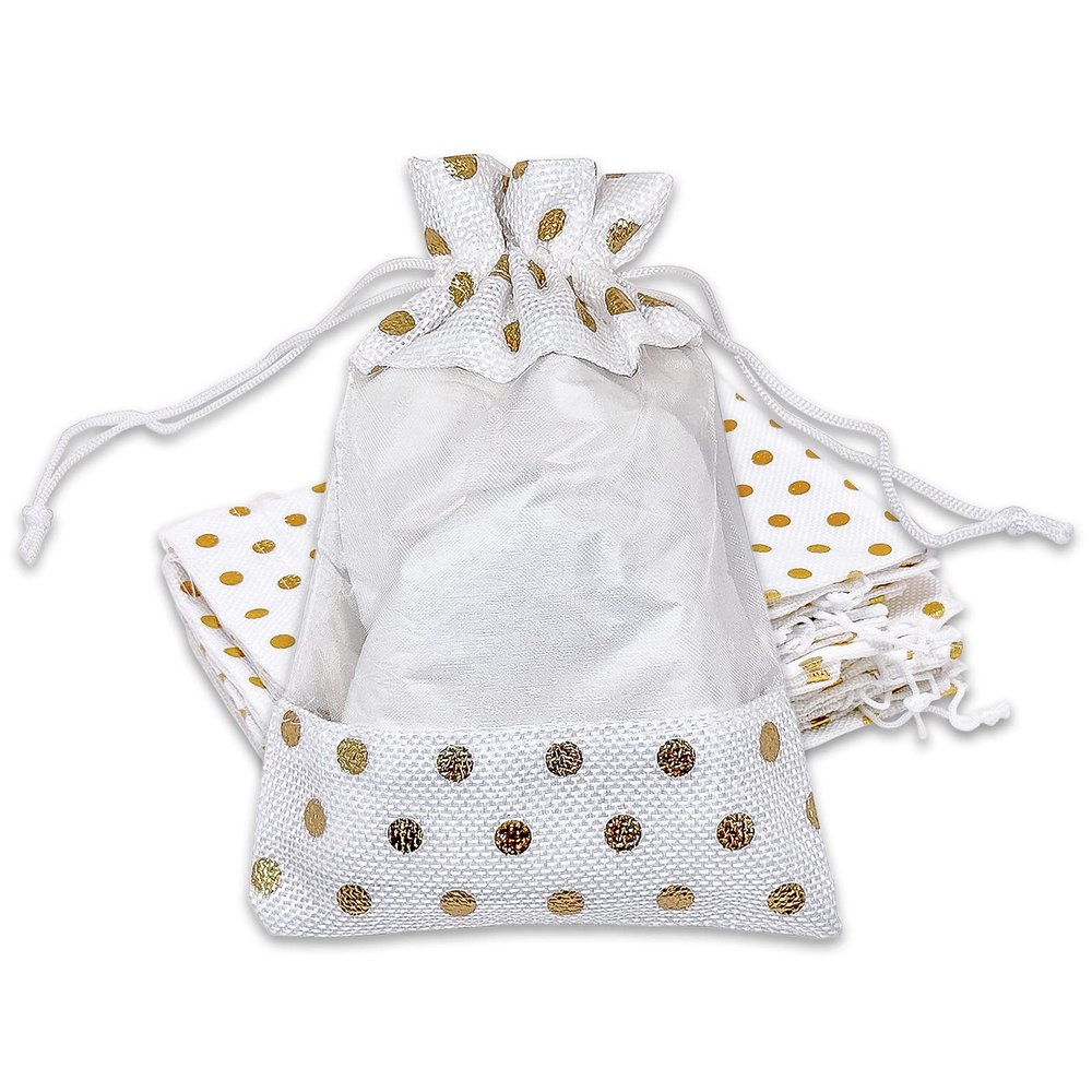 12-Pack Medium Linen Burlap & Organza Gift Bags w. Drawstrings (5x7 in, White / Gold Polka) - Party Favors, Presents, Samples & Treats Mesh Pouch by The Display Guys