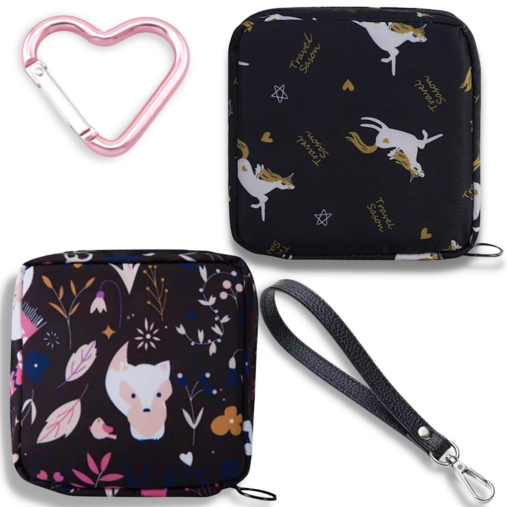Adorable Pink Peri - Reusable Sanitary Napkin Pads Storage Bag Portable for Women Girls | Made of Nylon Water Resistance Reusable | Zero Waste Period (Unicorn + Fox)