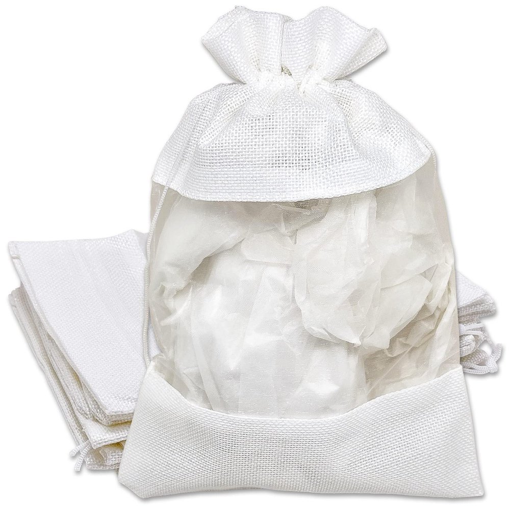 12-Pack X-Large Linen Burlap & Organza Gift Bags w. Drawstrings (7.5x11.5 in, White) - Party Favors, Presents, Samples & Treats Mesh Pouch by The Display Guys