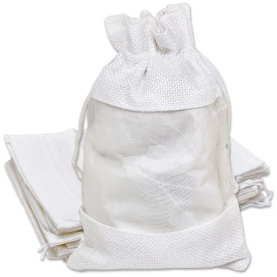 12-Pack Medium Linen Burlap & Organza Gift Bags w. Drawstrings (5x7 in, White) - Party Favors, Presents, Samples & Treats Mesh Pouch by The Display Guys