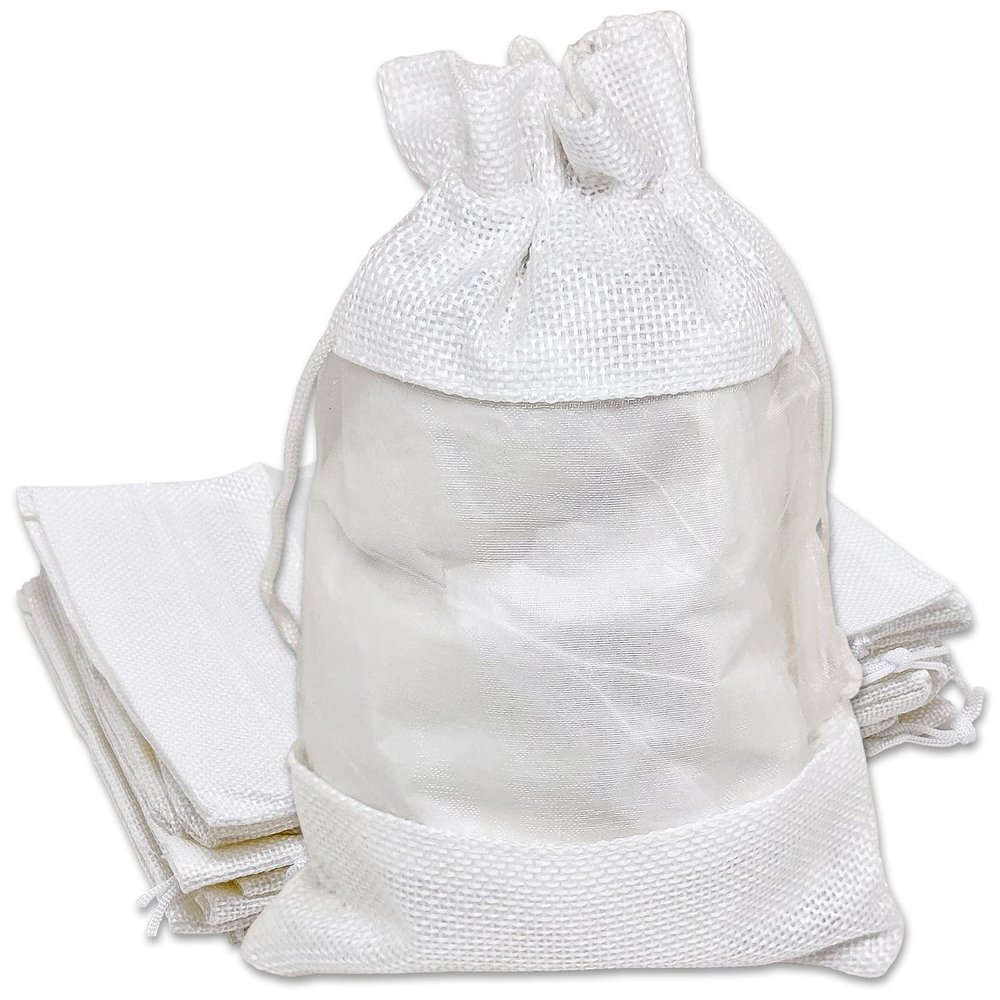 12-Pack Medium Linen Burlap & Organza Gift Bags w. Drawstrings (5x7 in, White) - Party Favors, Presents, Samples & Treats Mesh Pouch by The Display Guys