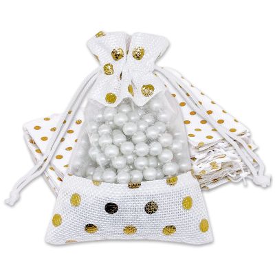 12-Pack Small Linen Burlap & Organza Gift Bags w. Drawstrings (3.5x5.5 in, White / Gold Polka) - Party Favors, Presents, Samples & Treats Mesh Pouch by The Display Guys