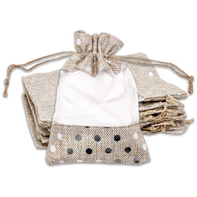 12-Pack Medium Linen Burlap & Organza Gift Bags w. Drawstrings (5x7 in, Beige / Silver Polka) - Party Favors, Presents, Samples & Treats Mesh Pouch by The Display Guys