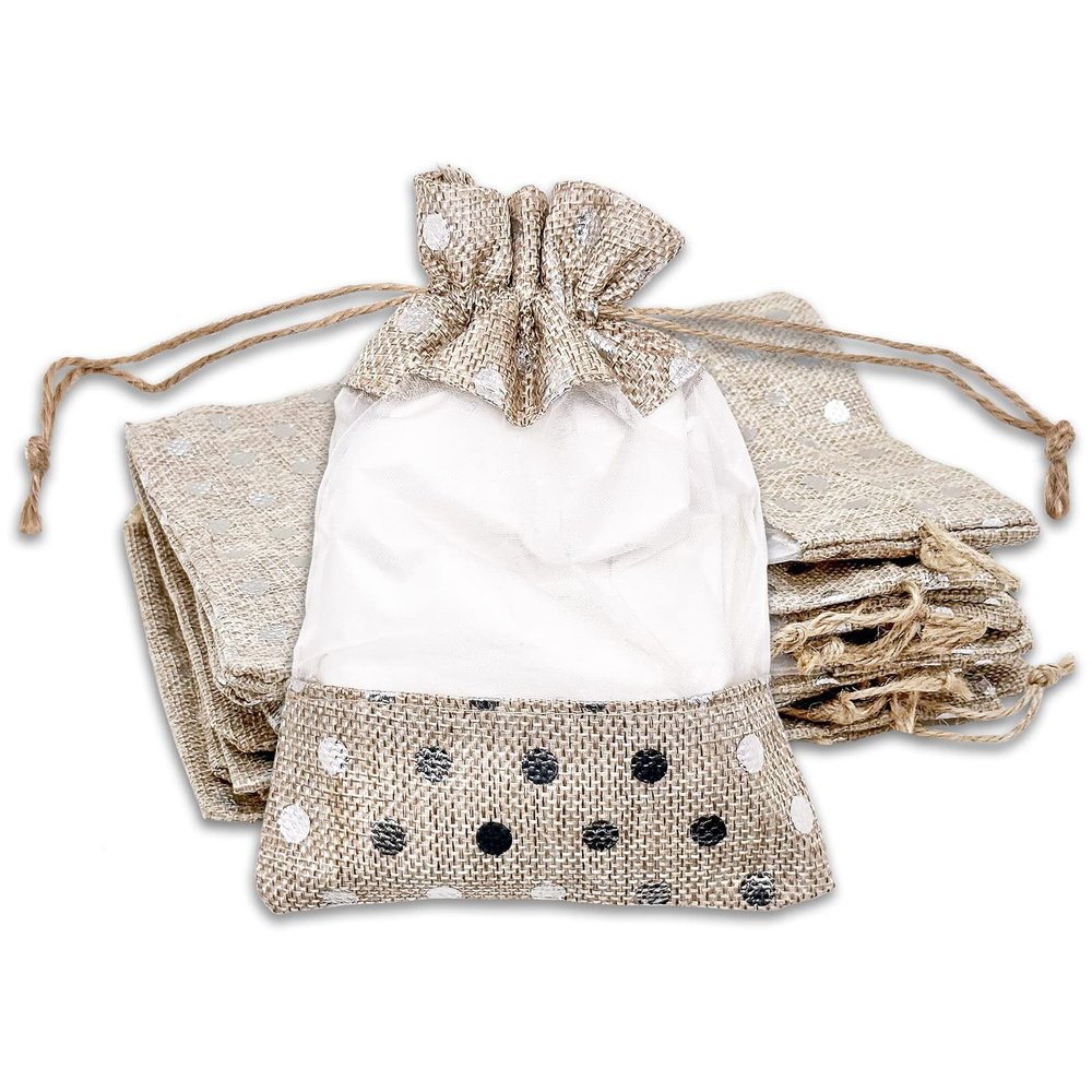 12-Pack Medium Linen Burlap & Organza Gift Bags w. Drawstrings (5x7 in, Beige / Silver Polka) - Party Favors, Presents, Samples & Treats Mesh Pouch by The Display Guys